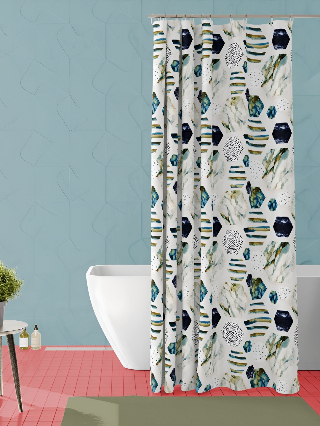 

ArtzFolio White & Blue Geometric Printed Waterproof Shower Curtain