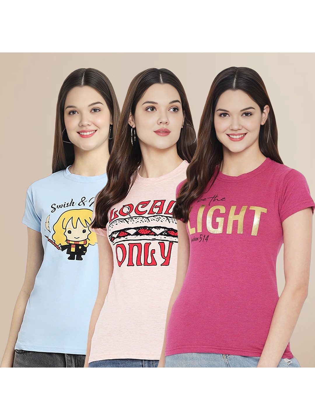 

Metronaut Women Pack Of 3 Typography Printed Round Neck Cotton T-shirts, Blue