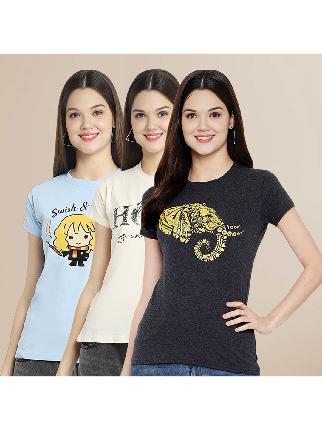

Metronaut Women Pack Of 3 Typography Printed Round Neck Cotton T-shirts, Blue