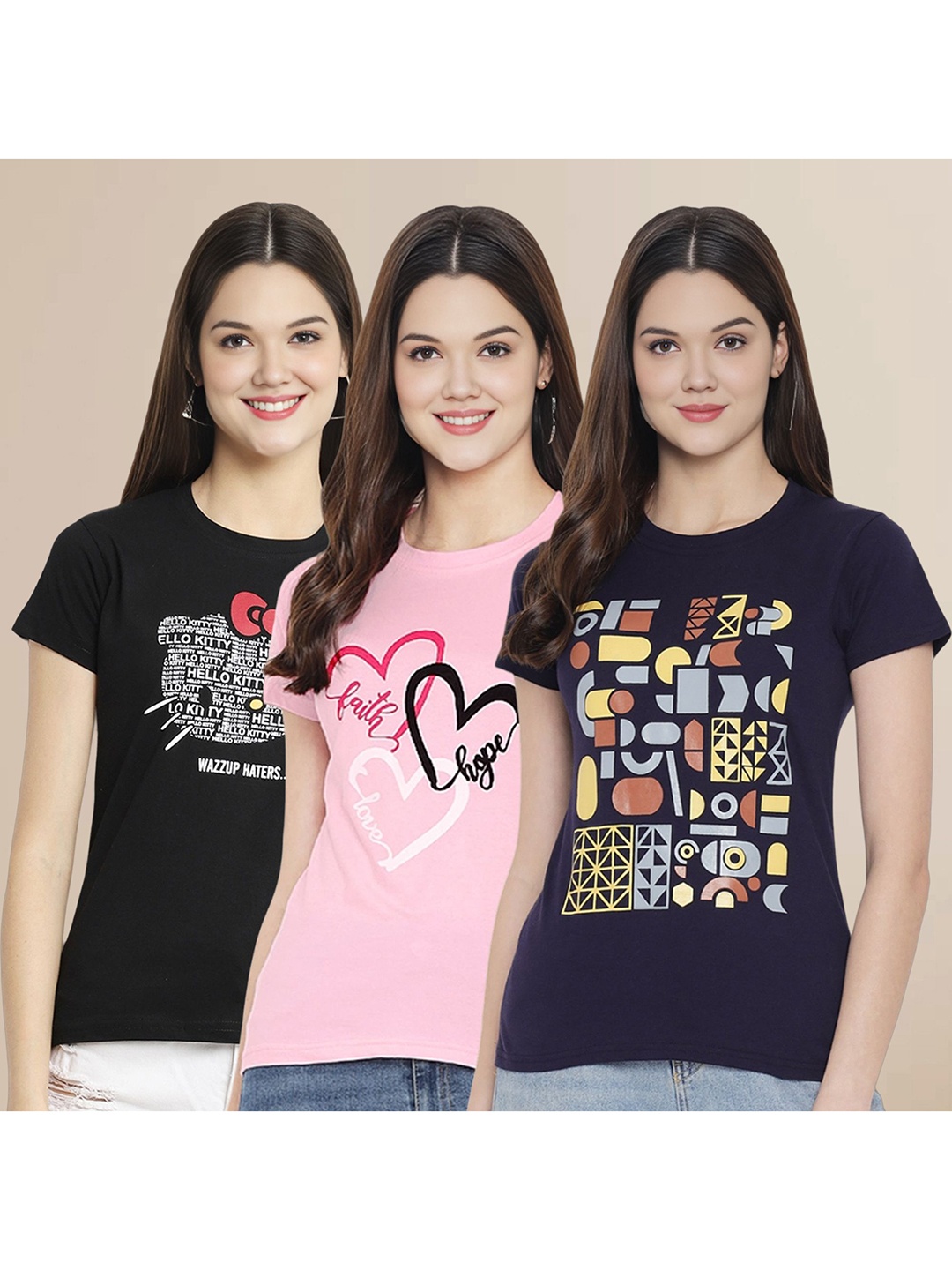 

Metronaut Women Pack Of 3 Typography Printed Round Neck Cotton T-shirts, Black