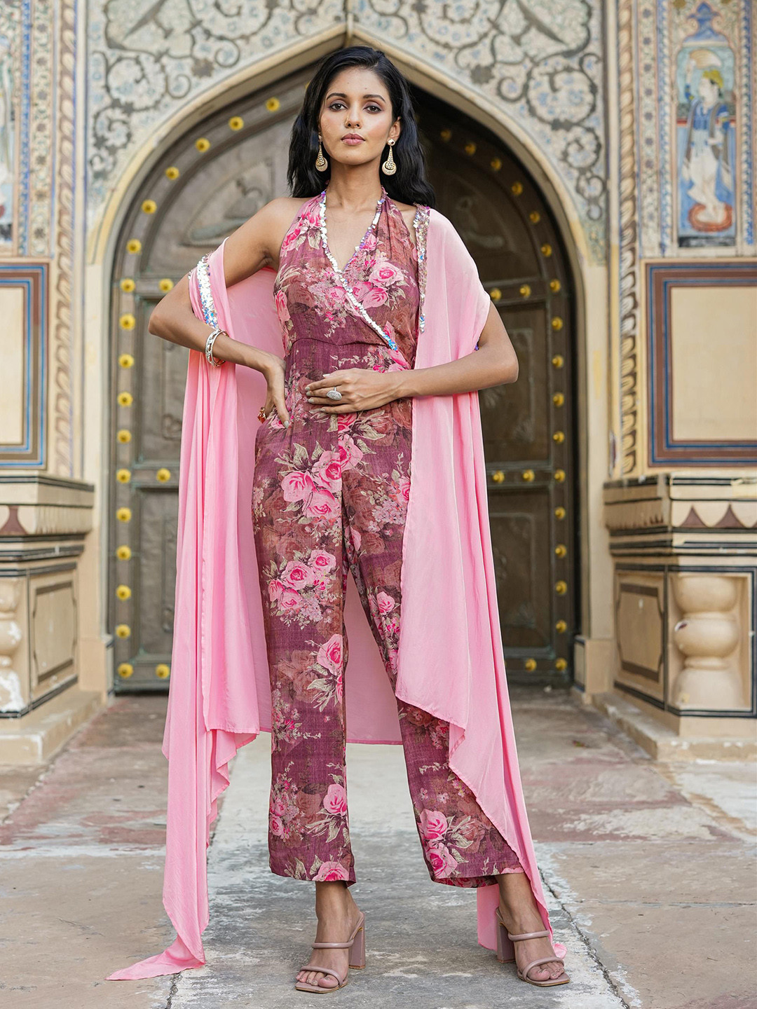 

SCAKHI Women Halter Neck Floral Printed Basic Jumpsuit, Mauve