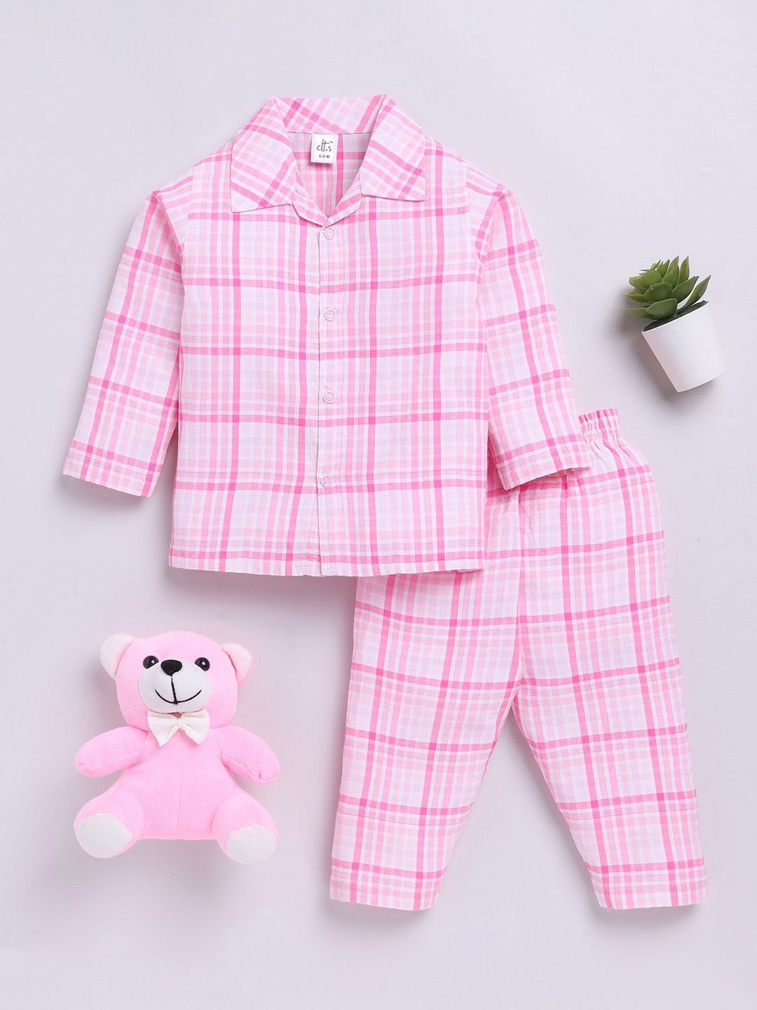 

Clt.s Kids - Unisex Checked Pure Cotton Shirt Collar Night suit, Pink