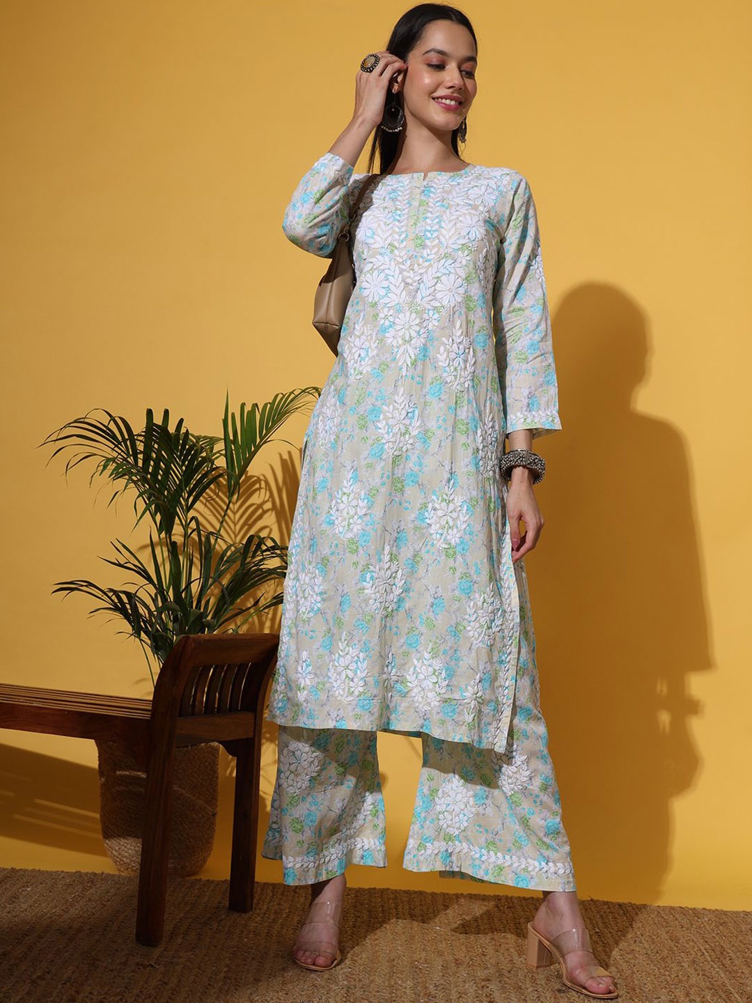 

The Chikan Label Floral Printed & Embroidered Chikankari Straight Kurta with Palazzos, Green