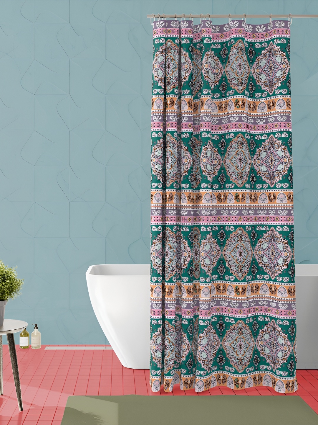 

ArtzFolio Teal & Brown Ethnic Motifs Printed Waterproof Shower Curtain