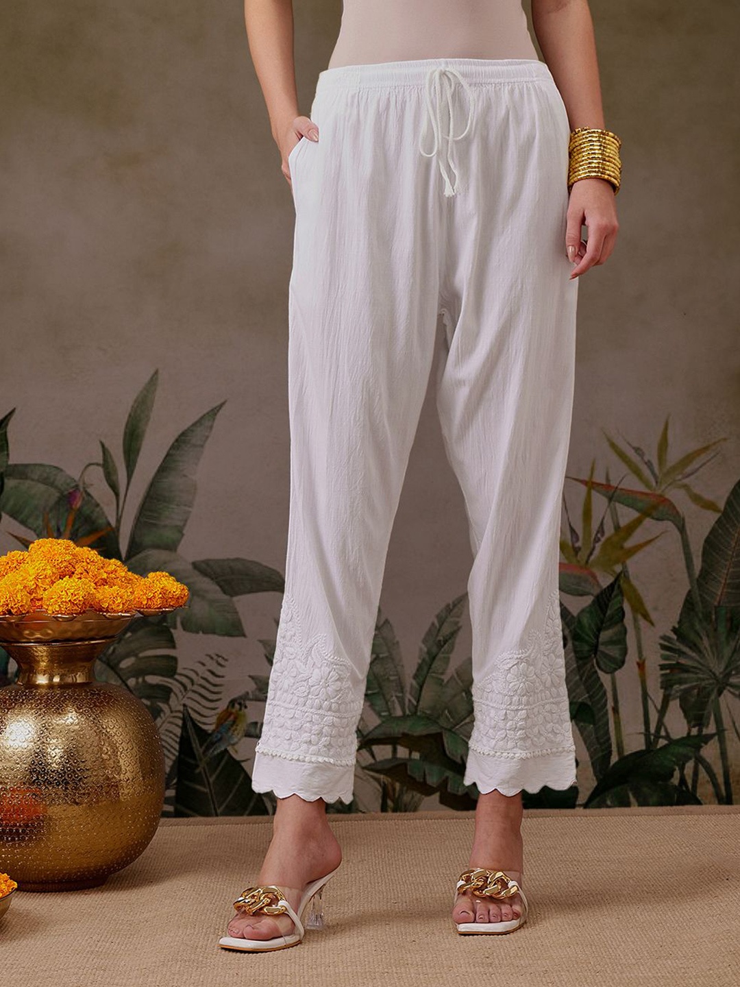 

ADA Women Ethnic Motifs Embroidered Flared Handloom Palazzos, White