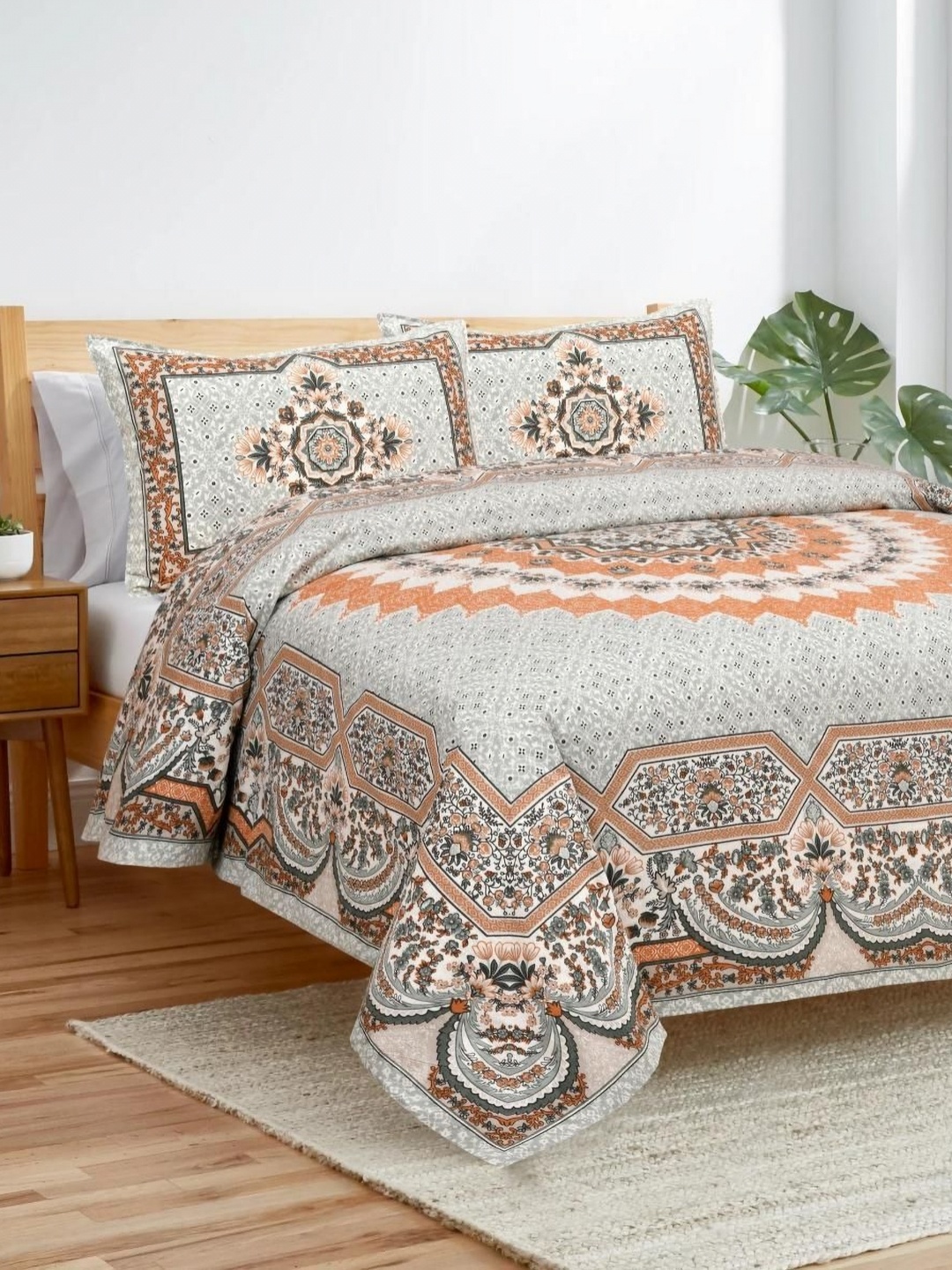 

HOME HEAVENS Orange & Grey 3 Piece Floral Cotton Double King Superfine Bedding Set