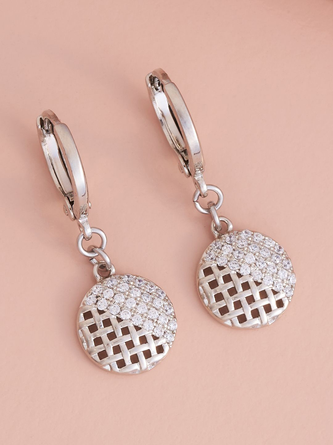 

Kushal's Fashion Jewellery Rhodium Plated Zircon Studded Circular Drop Earrings, Silver