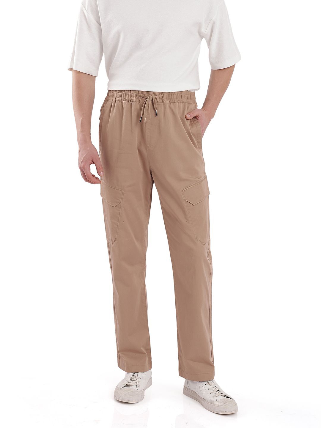 

RARE RABBIT Men Cotton Mid-Rise Regular Fit Cargo Trousers, Brown