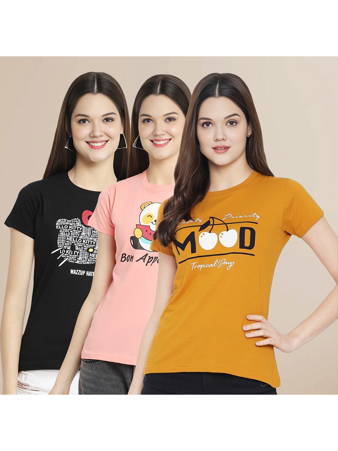 

Metronaut Women Pack Of 3 Typography Printed Round Neck Cotton T-shirts, Black