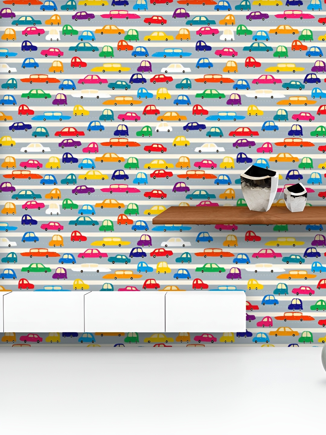 

ArtzFolio Printed UV-Resistant Anti-Bacterial Colorful Cars On Road Peel & Stick Wallpaper, Multi