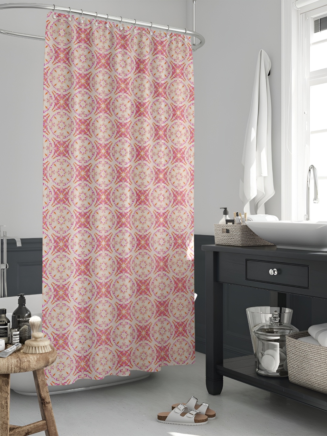 

ArtzFolio Cream-Coloured & Pink Floral Printed Waterproof Shower Curtain