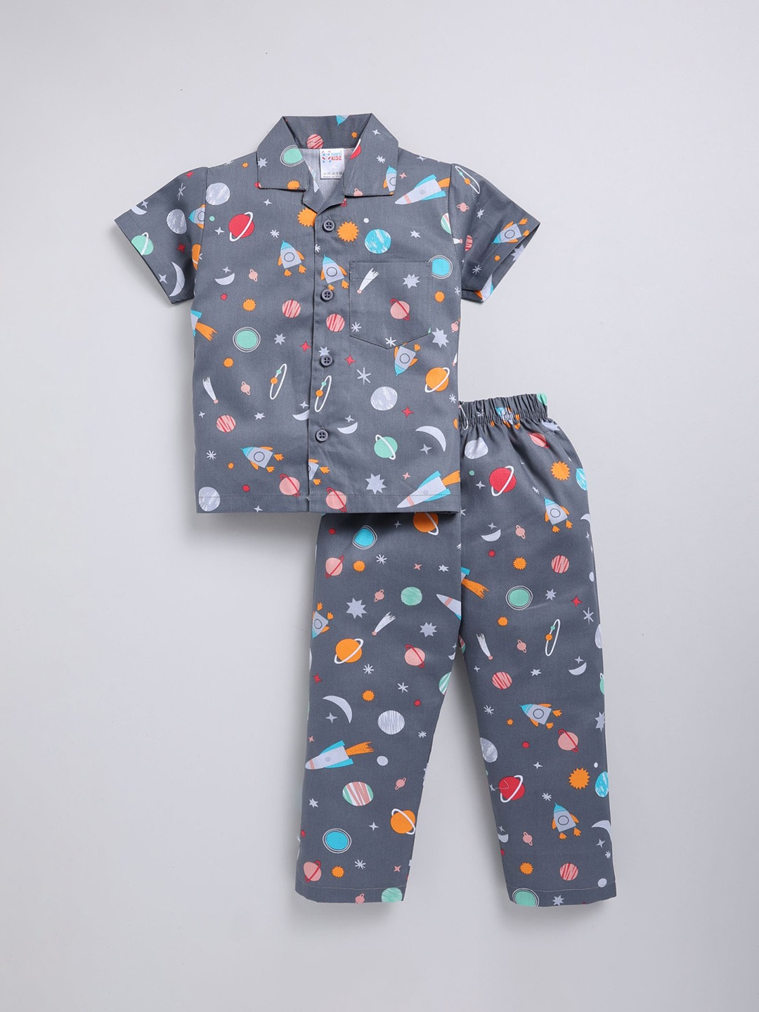

NAUTI KIDZ Boys Pure Cotton Shirt Collar Printed Night Suit, Grey