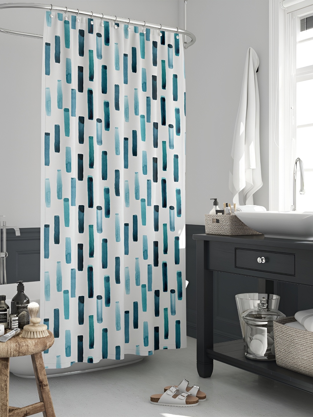 

ArtzFolio White and Teal Geometric Printed Waterproof Shower Curtain