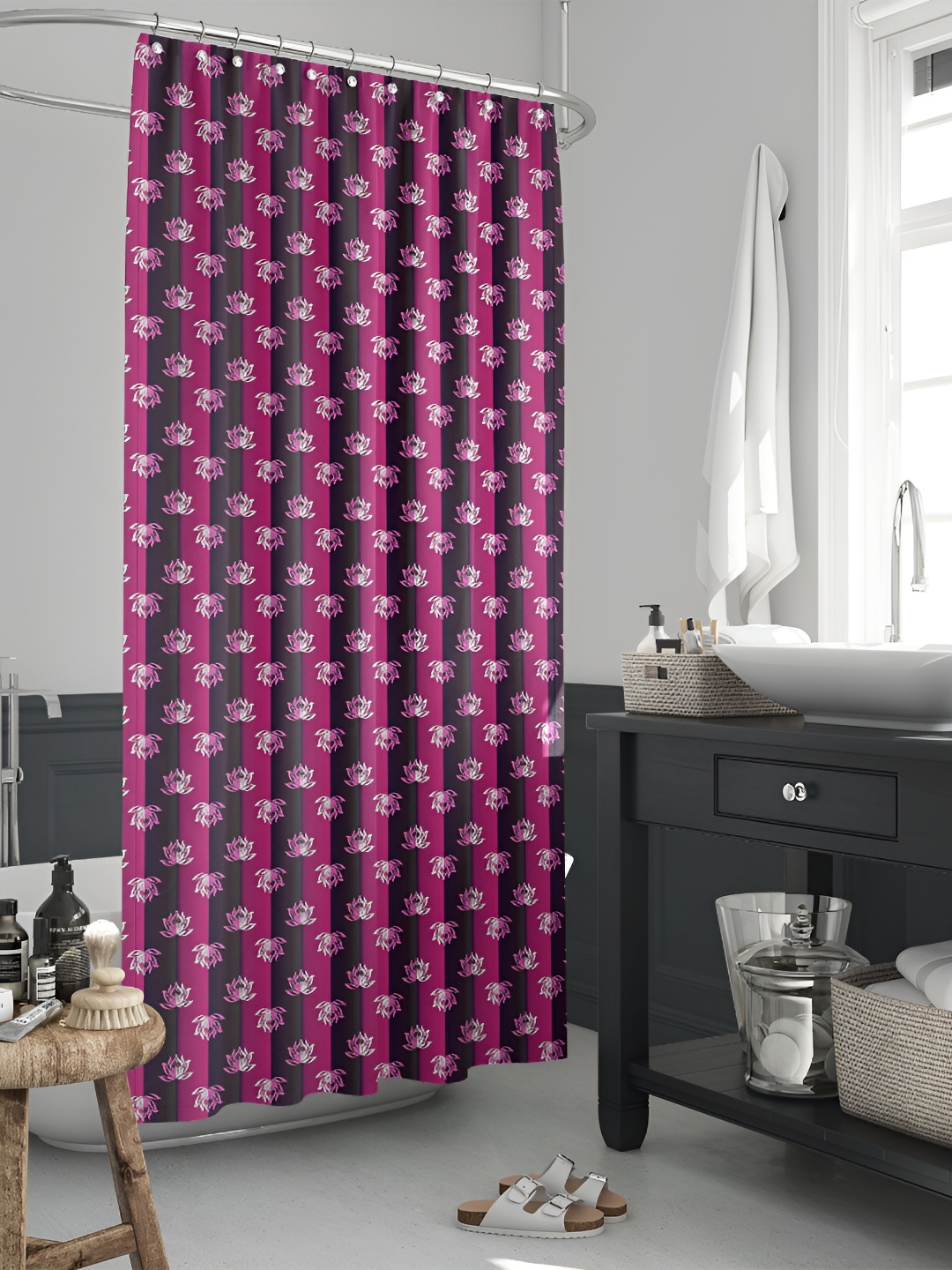 

ArtzFolio Pink & Black Floral Printed Waterproof Shower Curtain