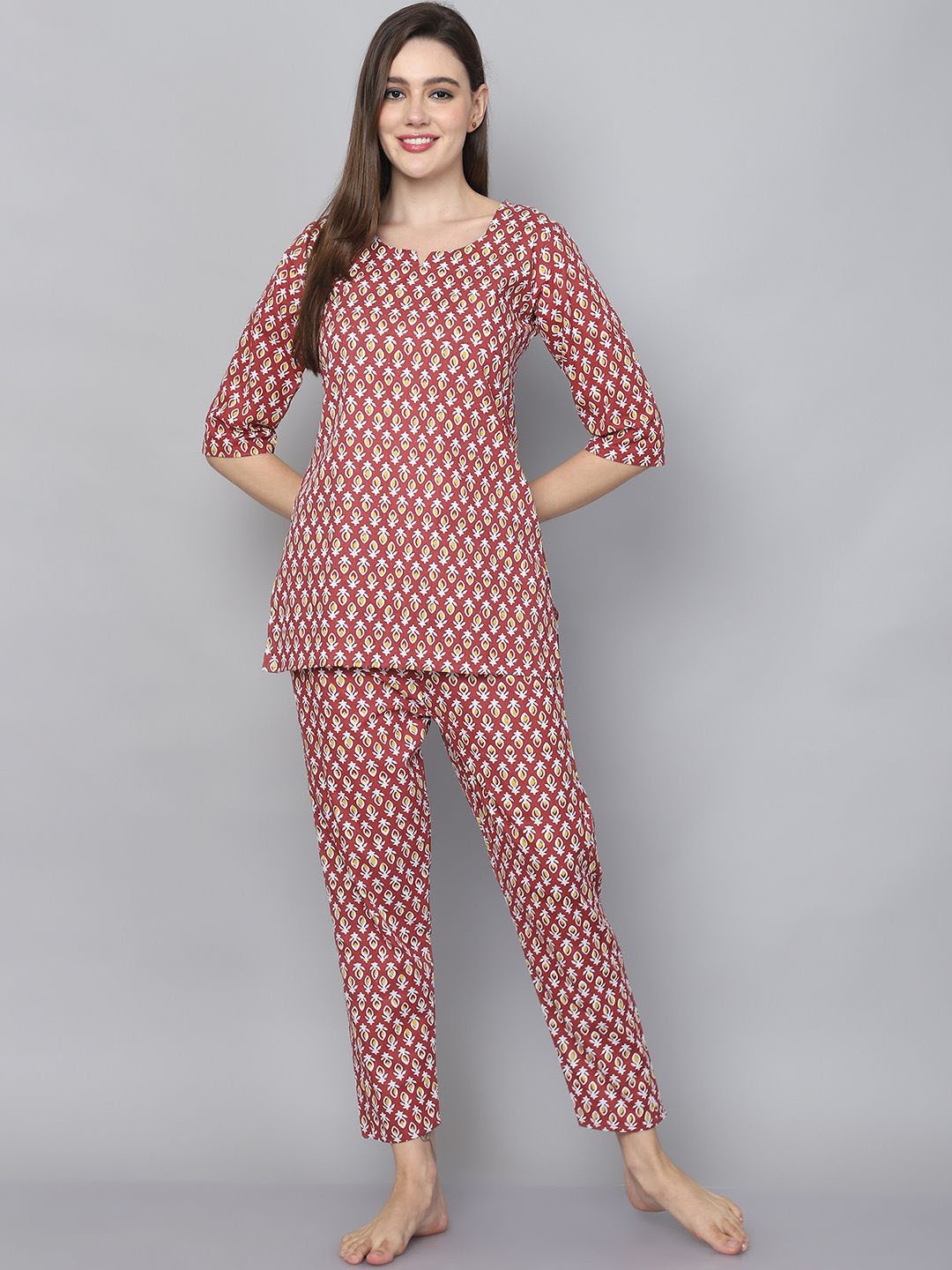 

SOUNDARYA Printed Pure Cotton Night Suit, Maroon