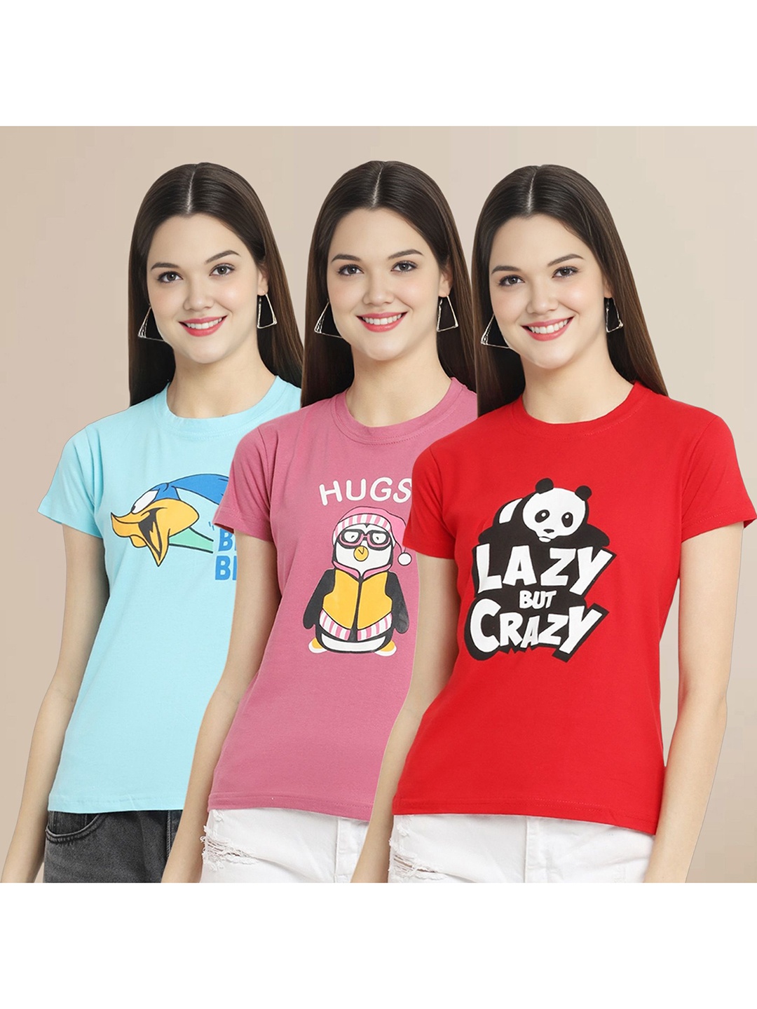 

Metronaut Women Pack Of 3 Graphic Printed Round Neck Cotton Looney Tunes T-shirts, Blue