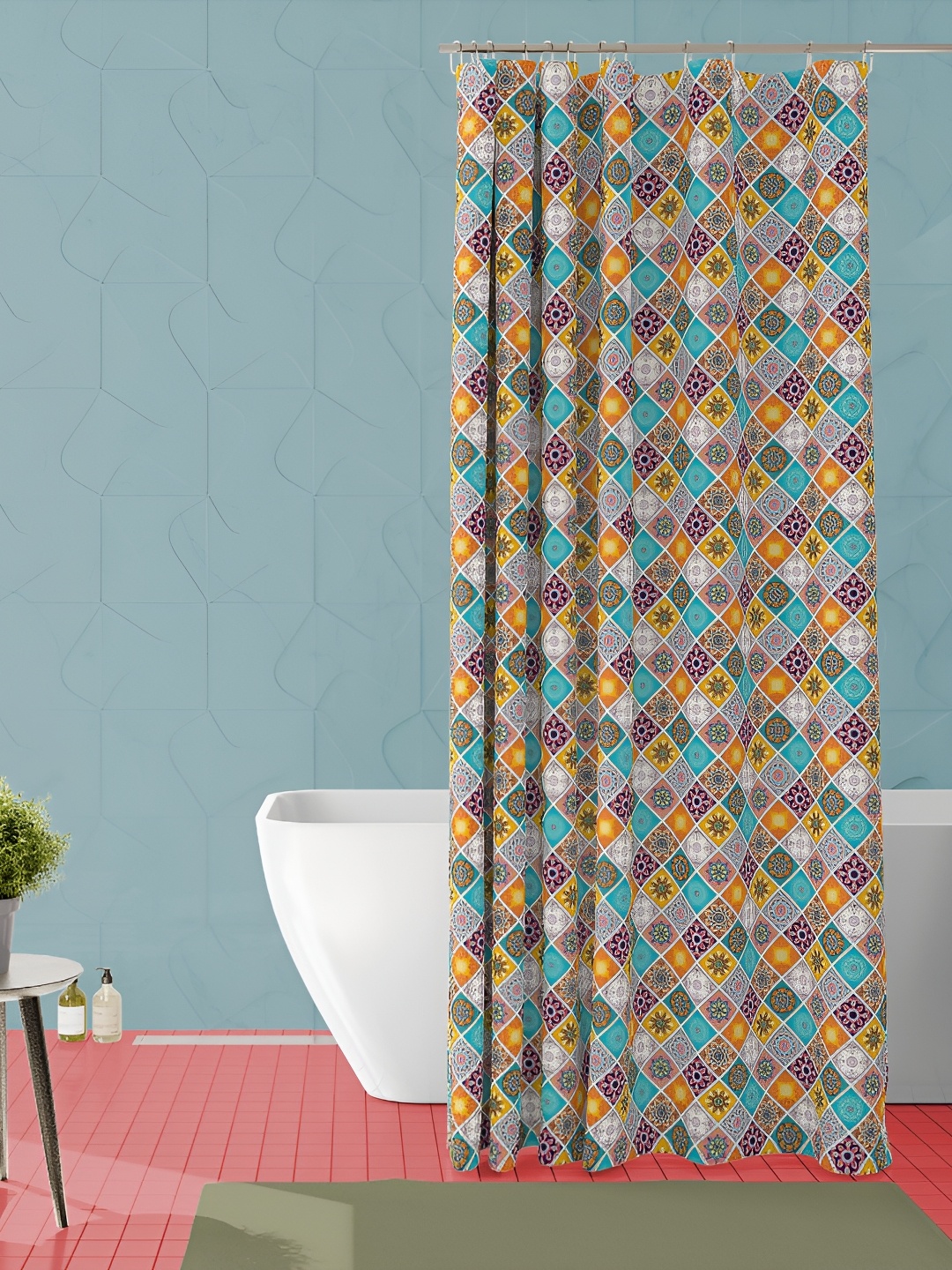

ArtzFolio White & Turquoise Blue Printed Waterproof Shower Curtain