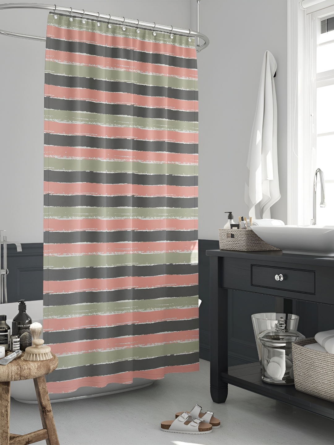 

ArtzFolio Pink & Black Striped Waterproof Shower Curtains