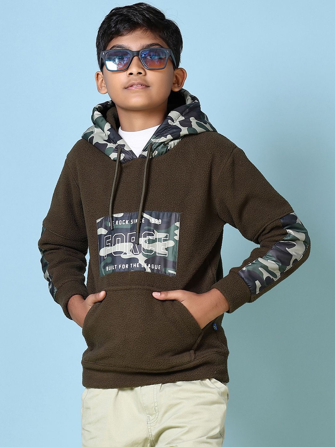 

V-Mart Boys Printed Hooded Pullover Cotton Sweatshirt, Olive