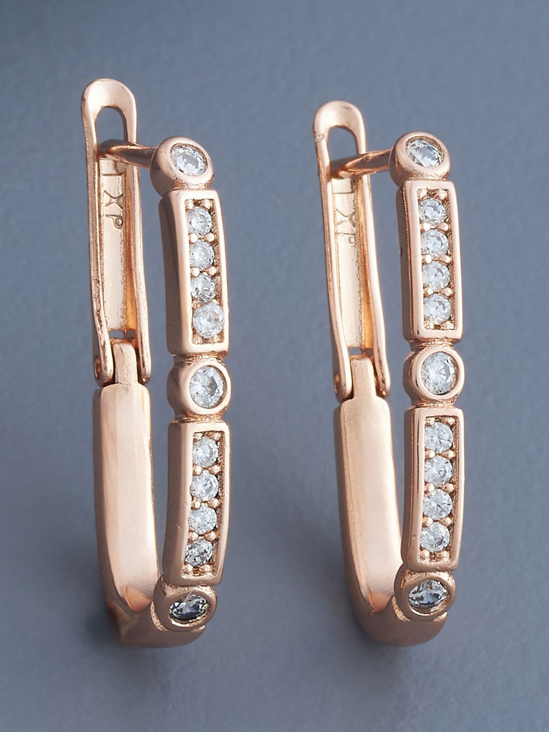 

Kushal's Fashion Jewellery Rose Gold Plated Zircon Studded Geometric Hoop Earrings