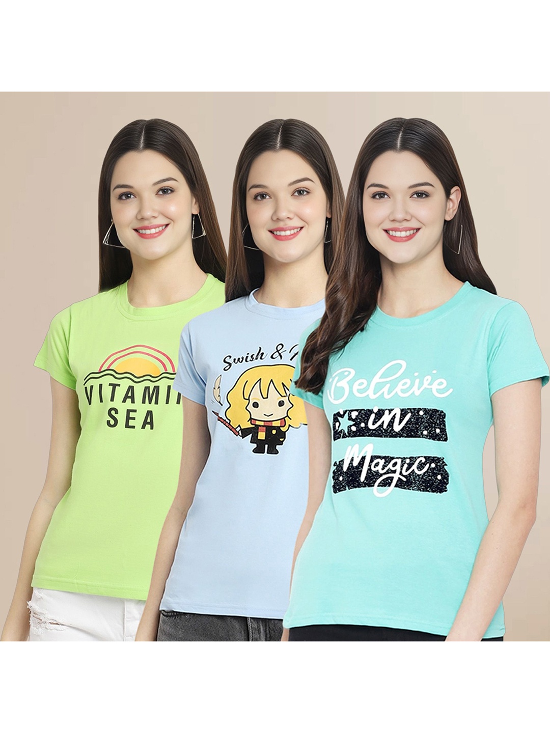 

Metronaut Women Pack Of 3 Typography Printed Round Neck Cotton T-shirts, Green