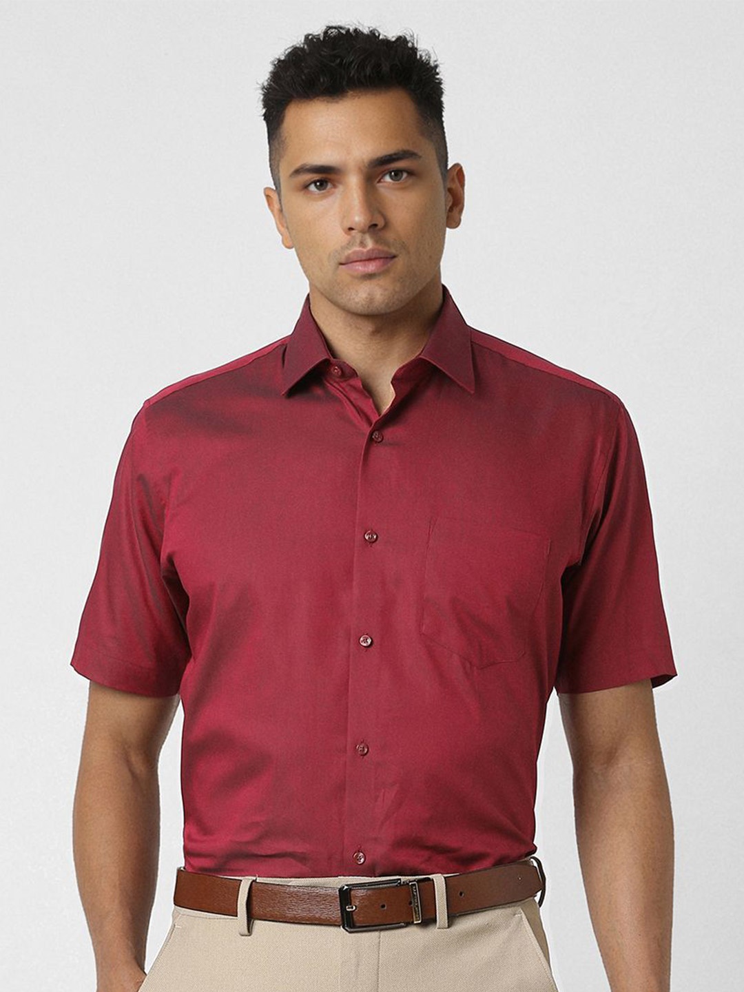 

Van Heusen Men Spread Collar Solid Cotton Slim Fit Formal Shirt, Red
