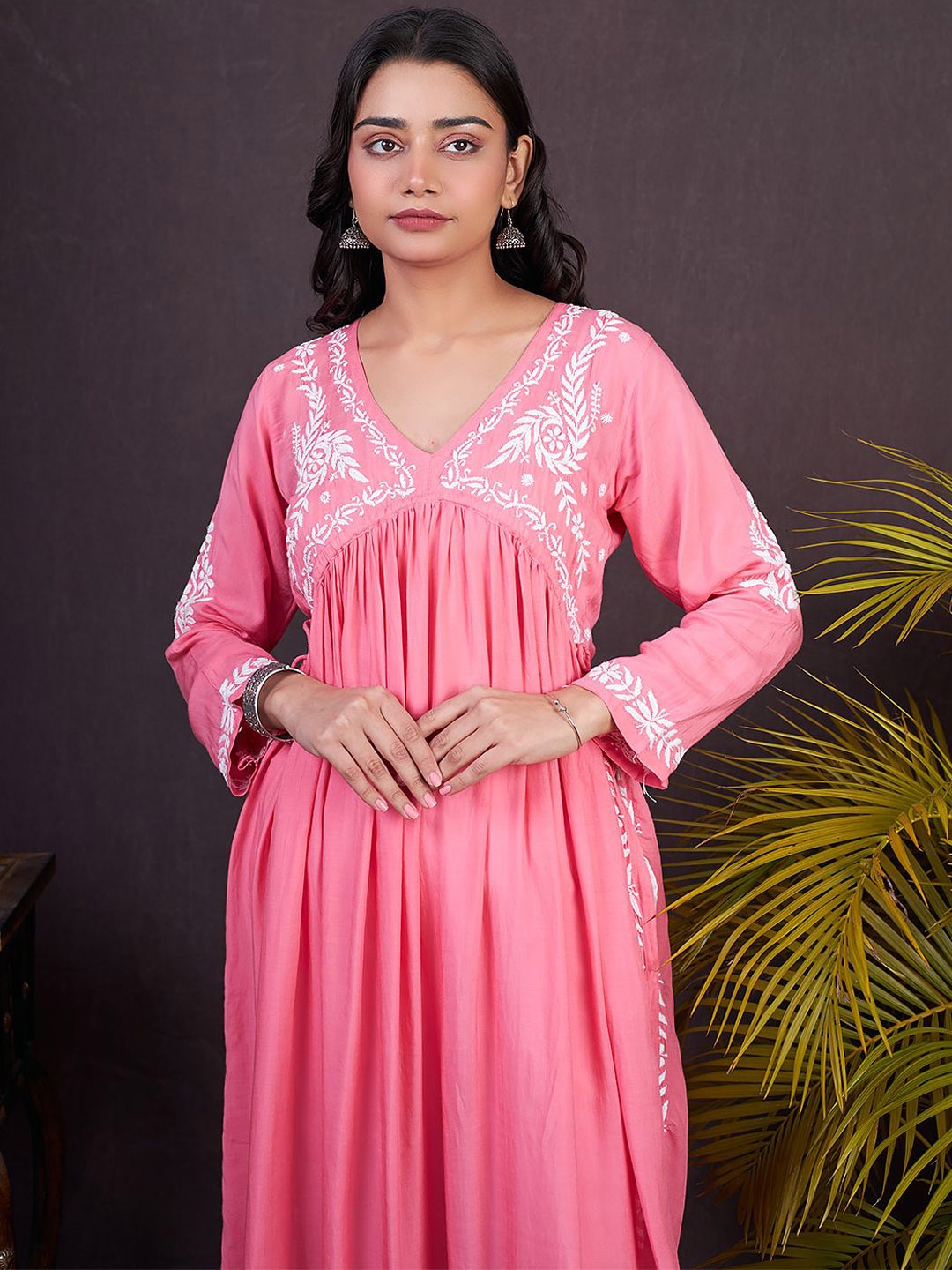 

The Chikan Label Modal Ethnic Motifs Embroidered Round Neck Chikankari Straight Kurta, Peach