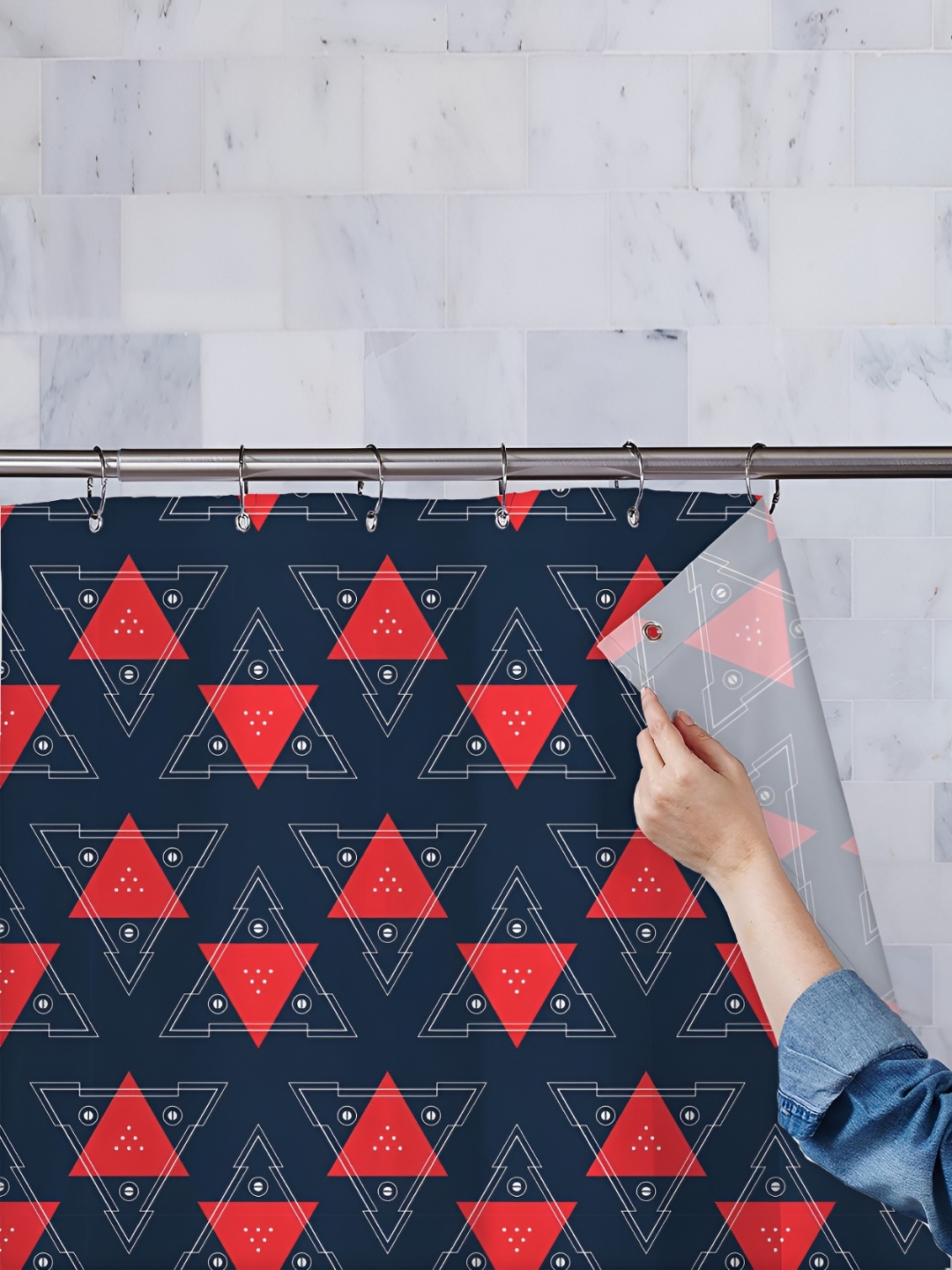 

ArtzFolio Navy Blue & Red Geometric Printde Shower Curtain