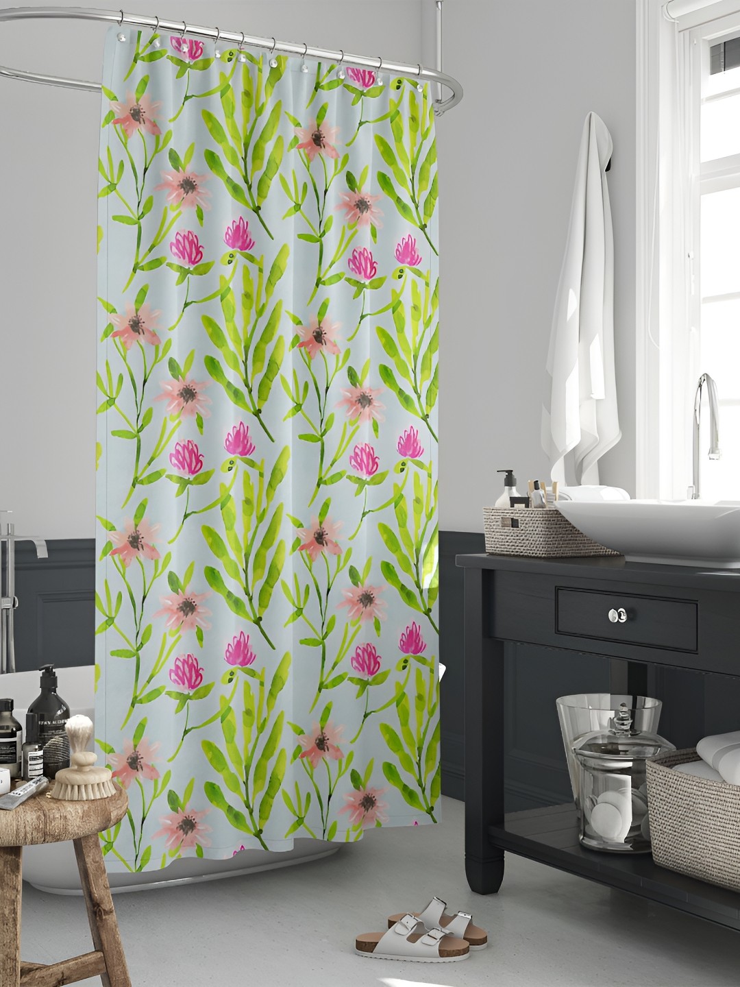 

ArtzFolio White & Green Floral Printed Waterproof Shower Curtain