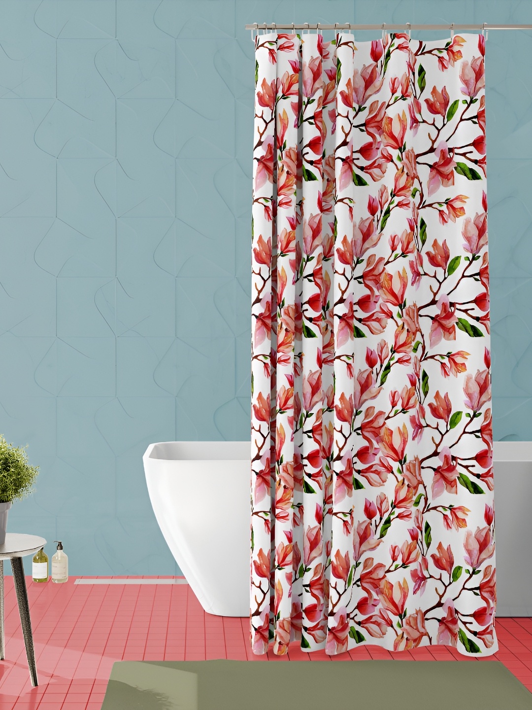

ArtzFolio White & Red Floral Printed Waterproof Shower Curtain