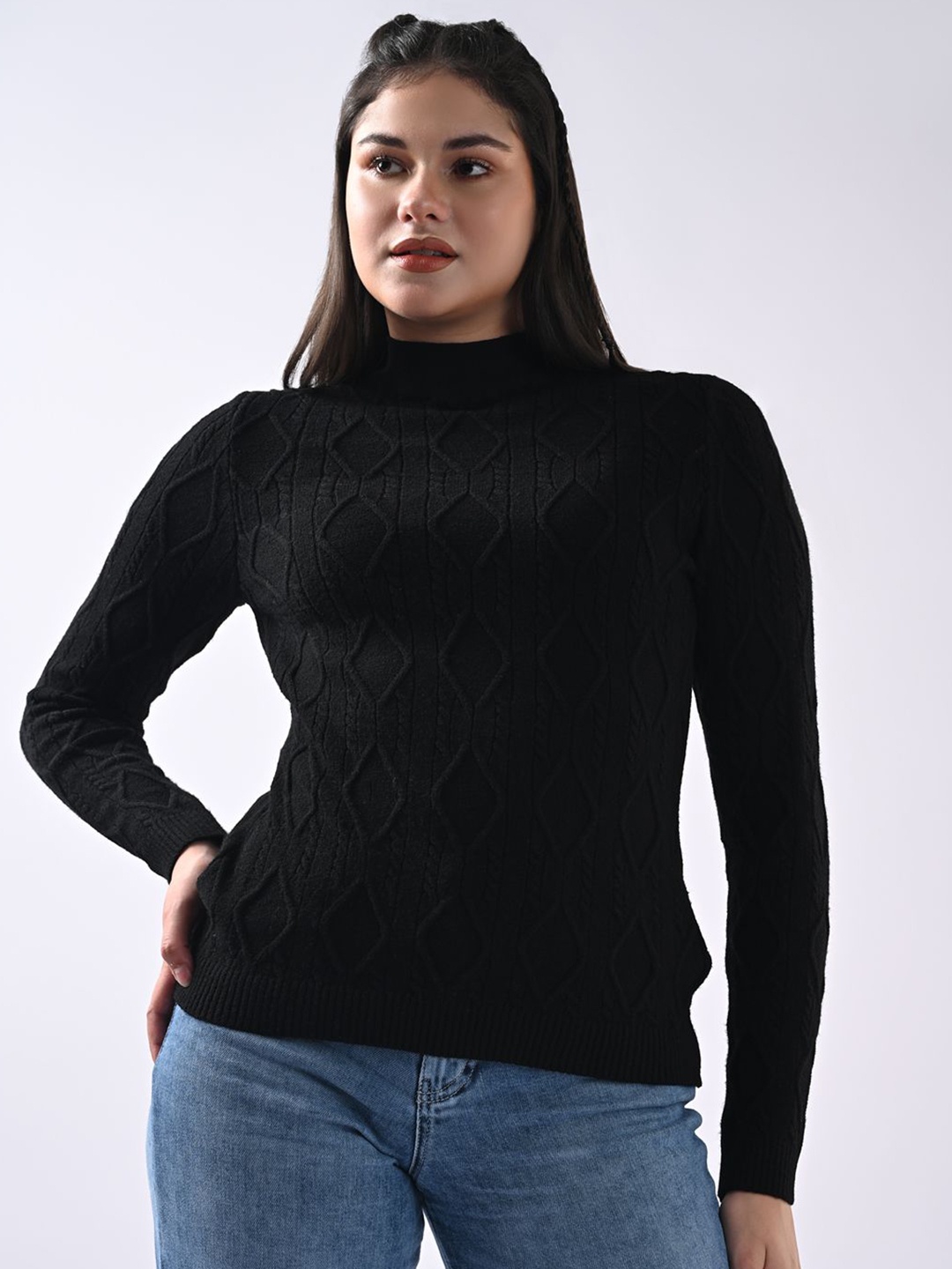 

Kraus Jeans Women Self Design Cable Knit High Neck Pullover Sweater, Black