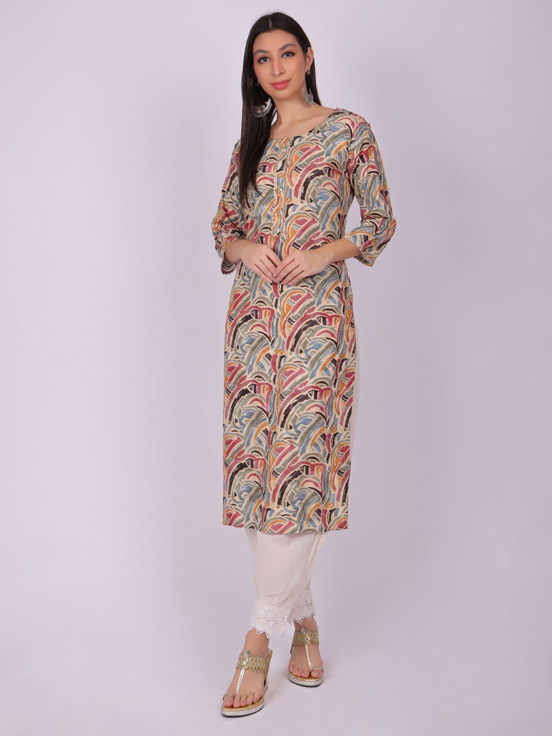 

Navvi Women Printed Round Neck Cotton Kurta, Red