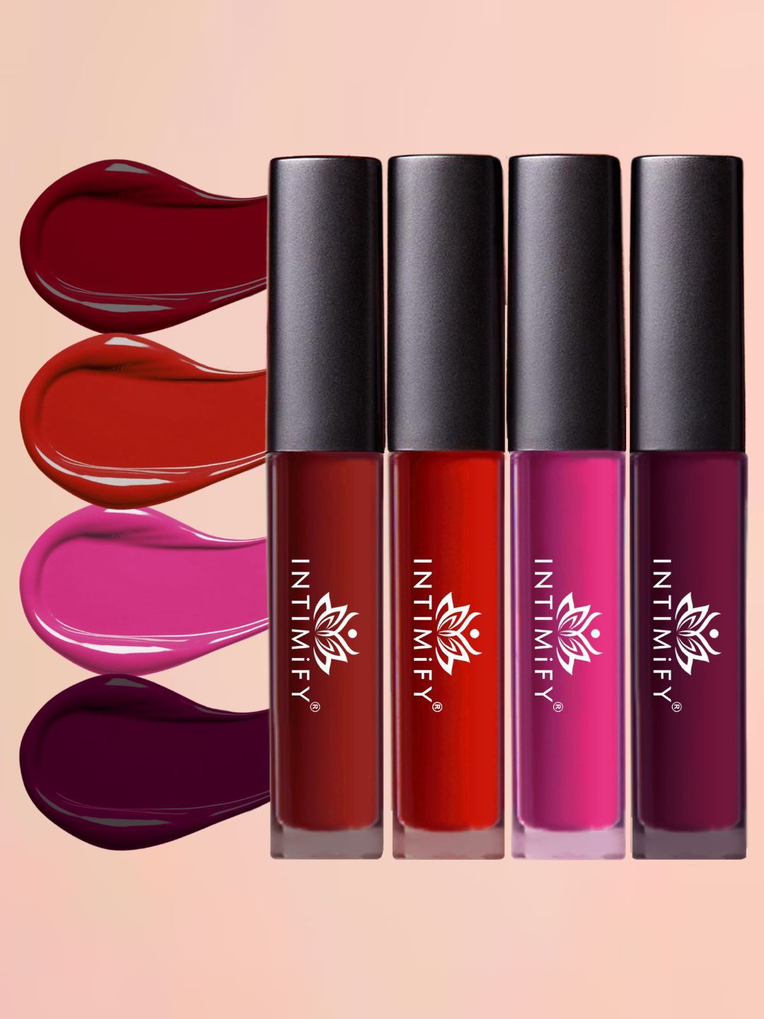 

INTIMIFY Set of 4 Liquid Matte Lip Sticks - 4 ml each - Red - Maroon - Pink - Purple