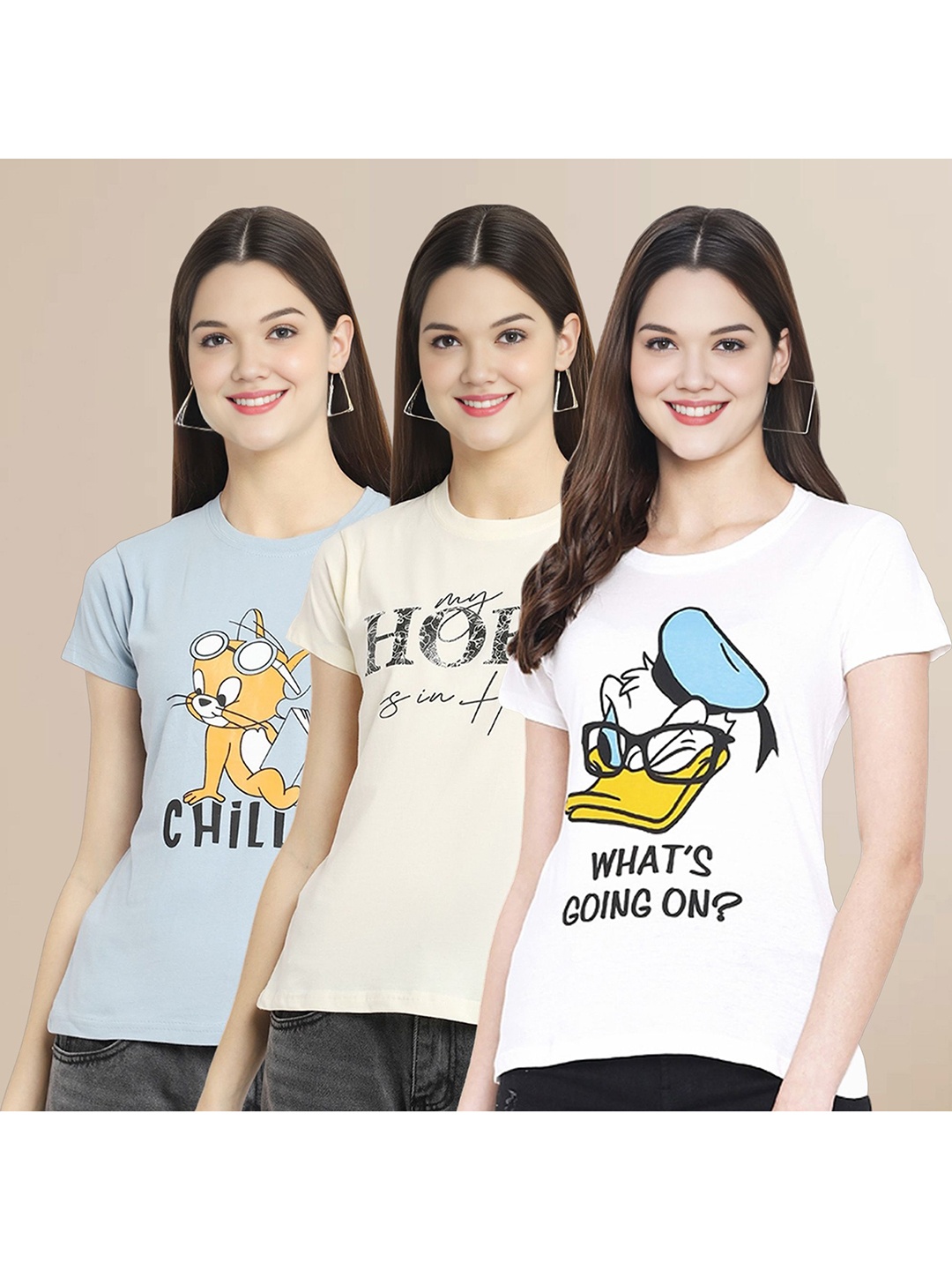 

Metronaut Women Pack Of 3 Graphic Printed Round Neck Cotton Tom & Jerry T-shirts, Blue