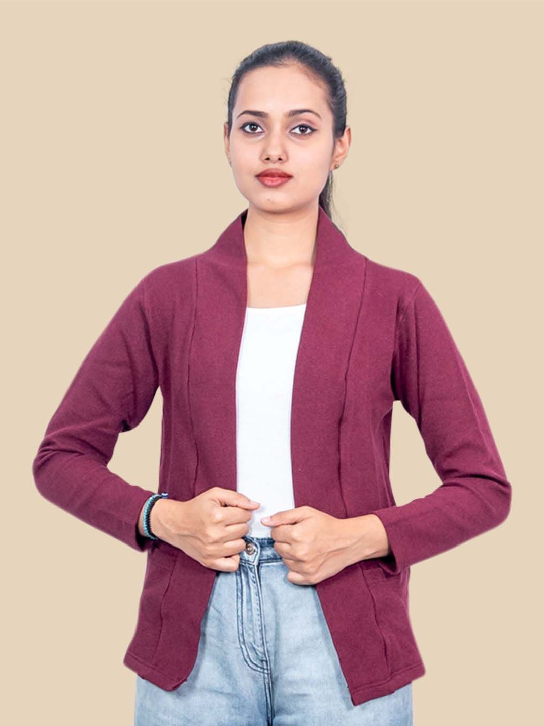 

Kryptic Front Open Cotton Shrug, Burgundy