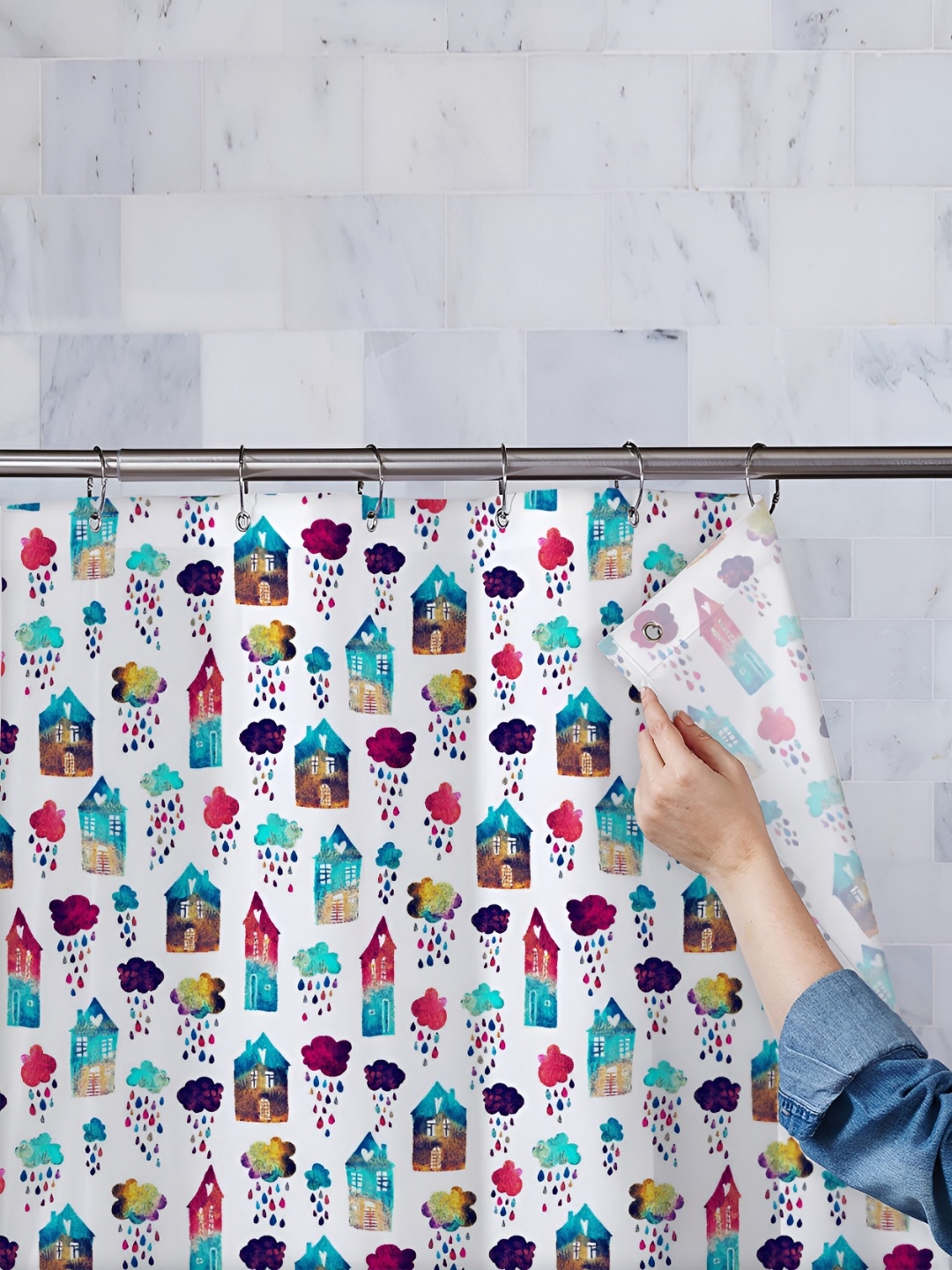 

ArtzFolio White & Green Printed Waterproof Shower Curtain