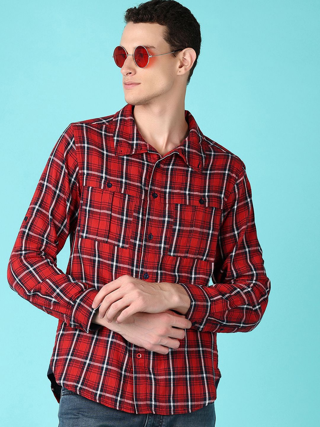 

V-Mart Men Spread Collar Tartan Checked Cotton Casual Shirt, Red