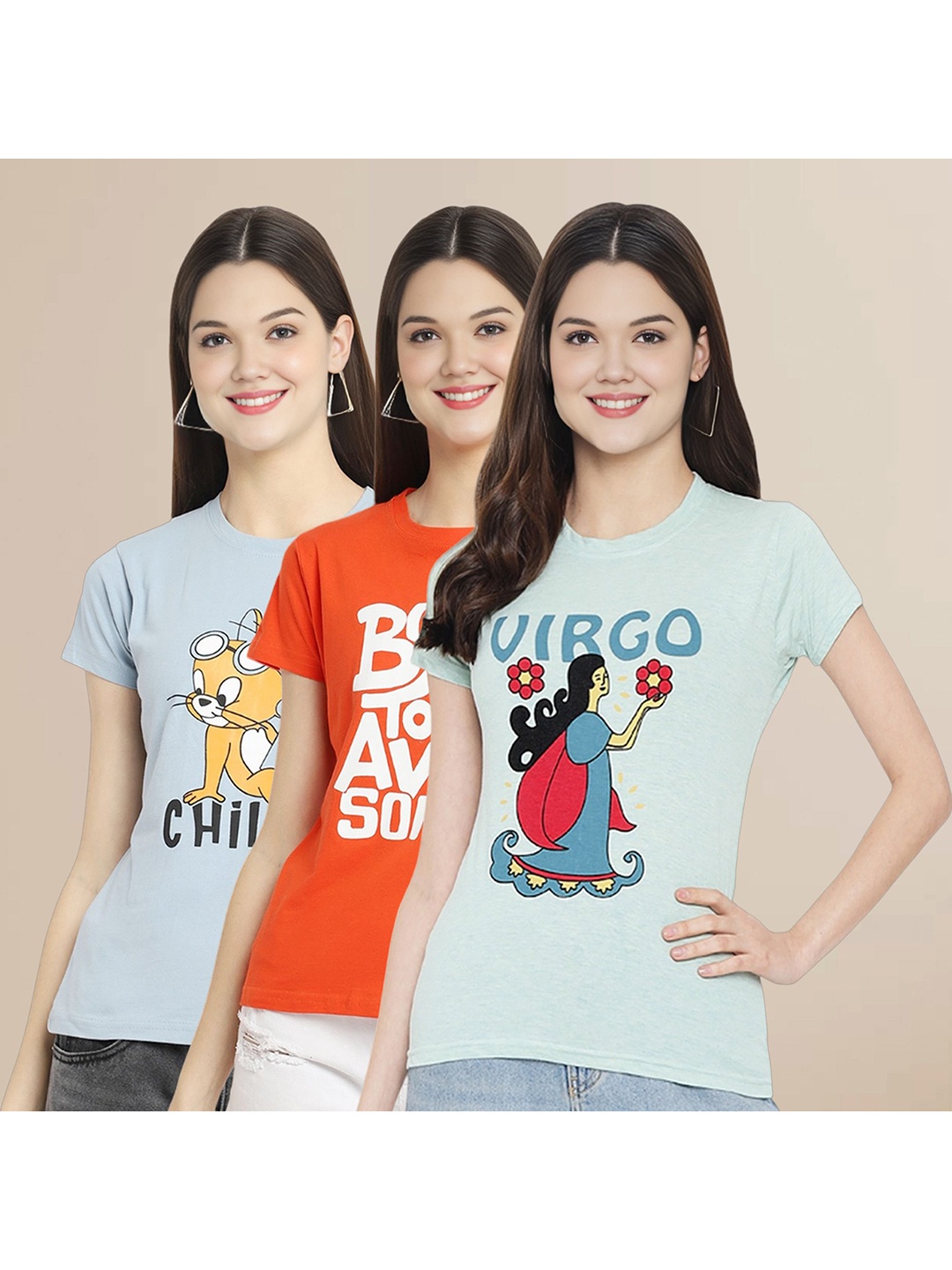 

Metronaut Women Pack Of 3 Graphic Printed Round Neck Cotton Tom & Jerry T-shirts, Blue
