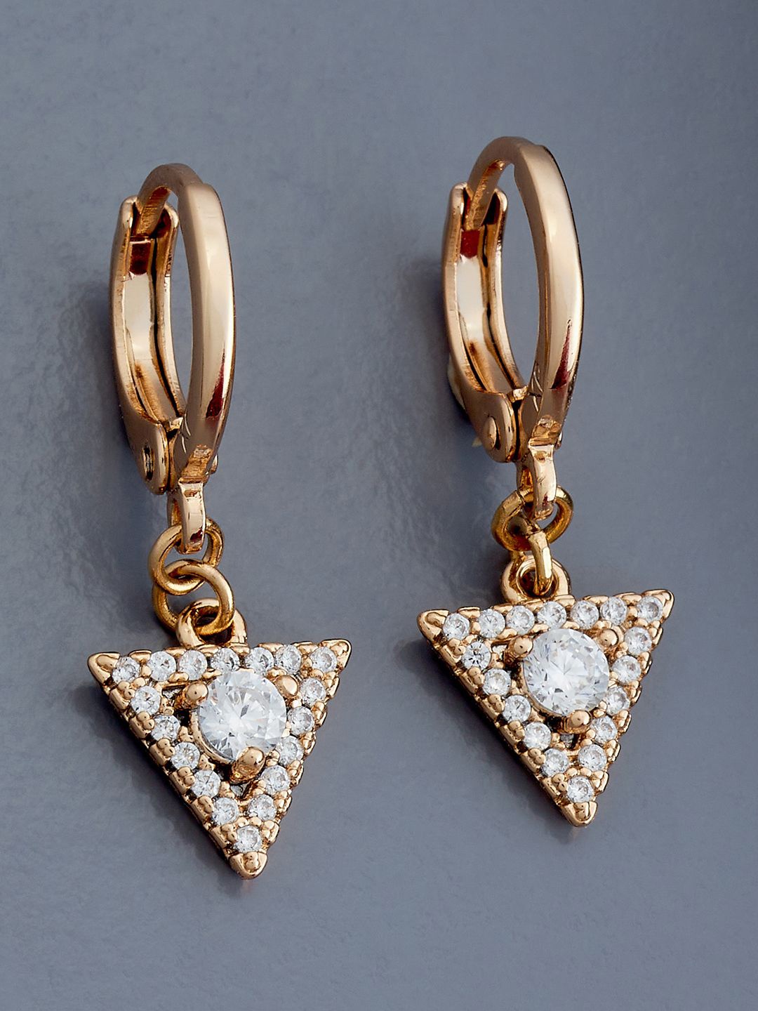 

Kushal's Fashion Jewellery Rose Gold Plated Zircon Studded Triangular Hoop Earrings