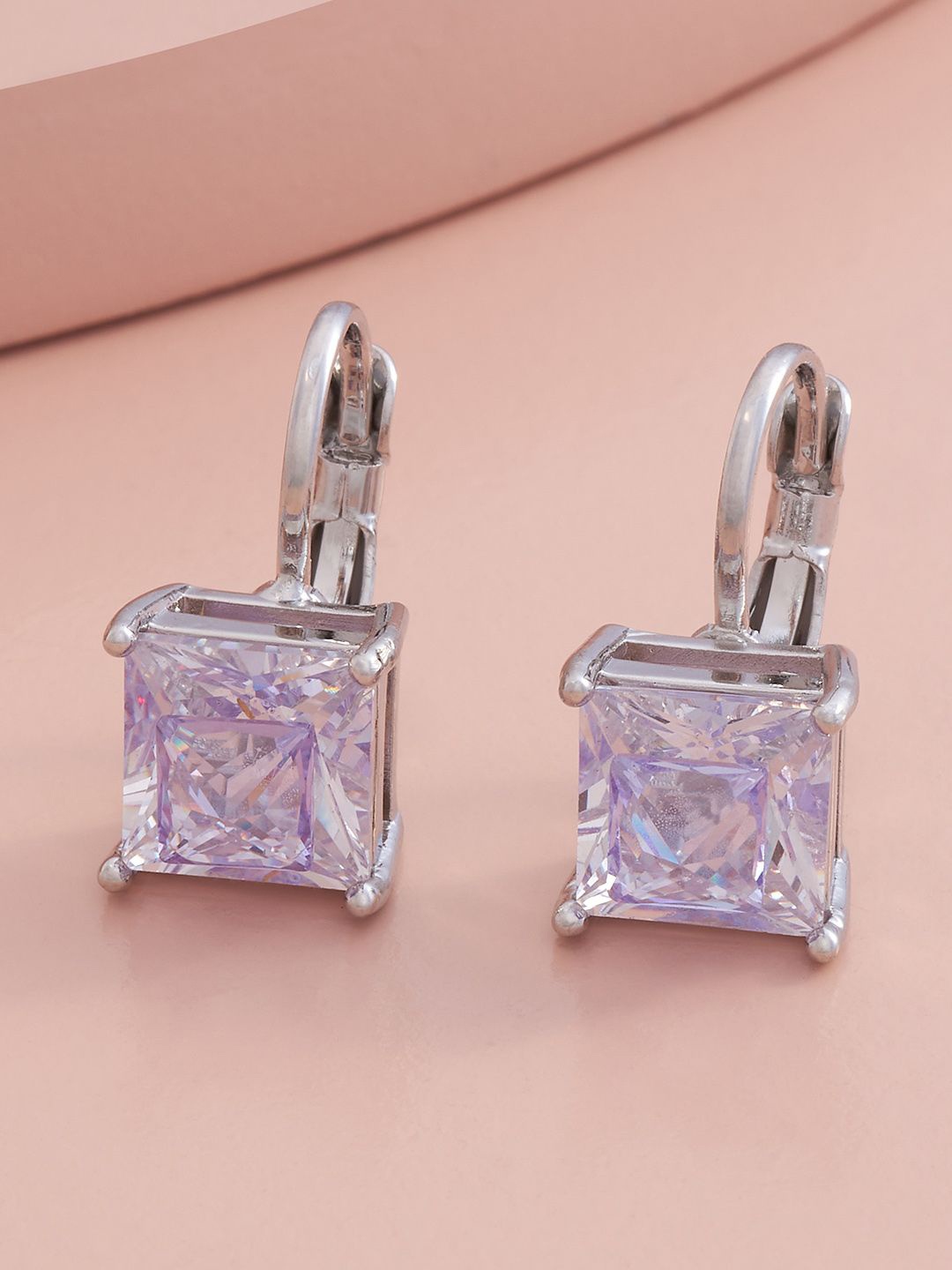 

Kushal's Fashion Jewellery Rhodium-Plated Zircon Studded Square Hoop Earrings, Silver