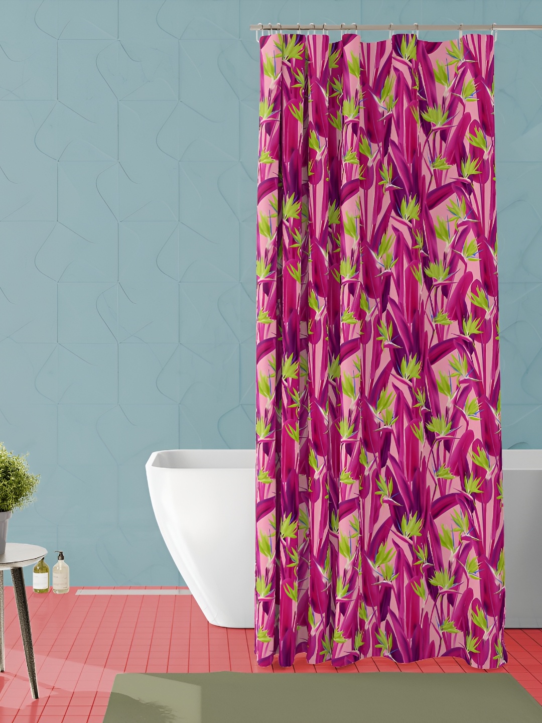 

ArtzFolio Pink & Green Floral Printed Waterproof Shower Curtain