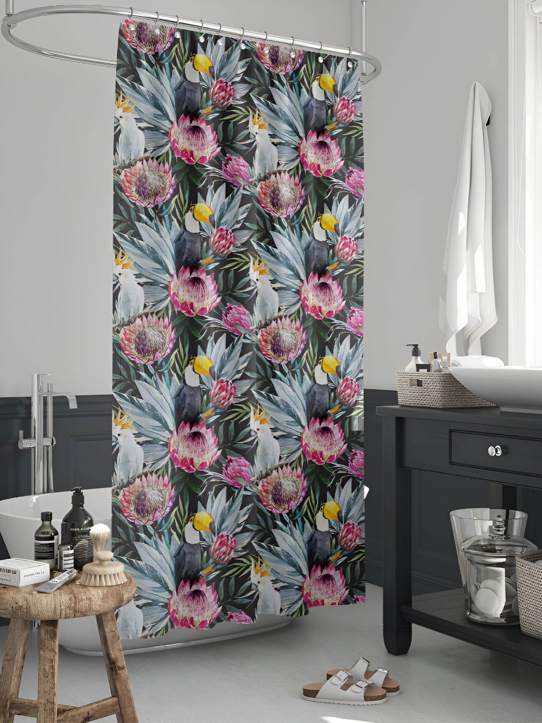 

ArtzFolio Grey & Pink Floral Printed Waterproof Shower Curtain