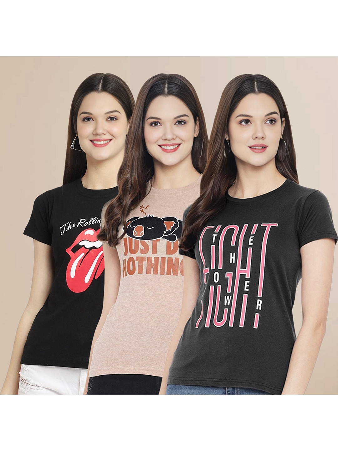 

Metronaut Women Pack Of 3 Typography Printed Round Neck Cotton T-shirts, Black