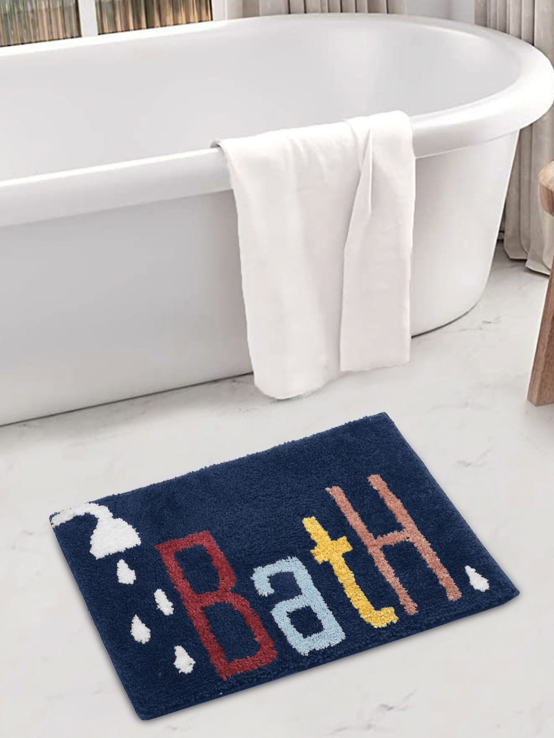 

FABINALIV Navy Blue & White Printed 1600 GSM Microfiber Bath Rugs