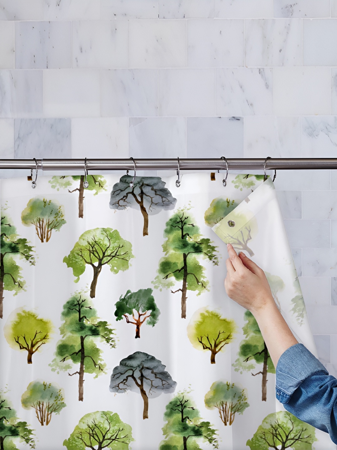 

ArtzFolio Green & White Printed Waterproof Shower Curtain