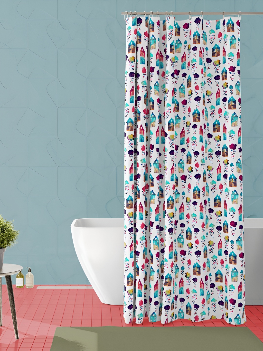 

ArtzFolio White & Blue Printed Waterproof Shower Curtain