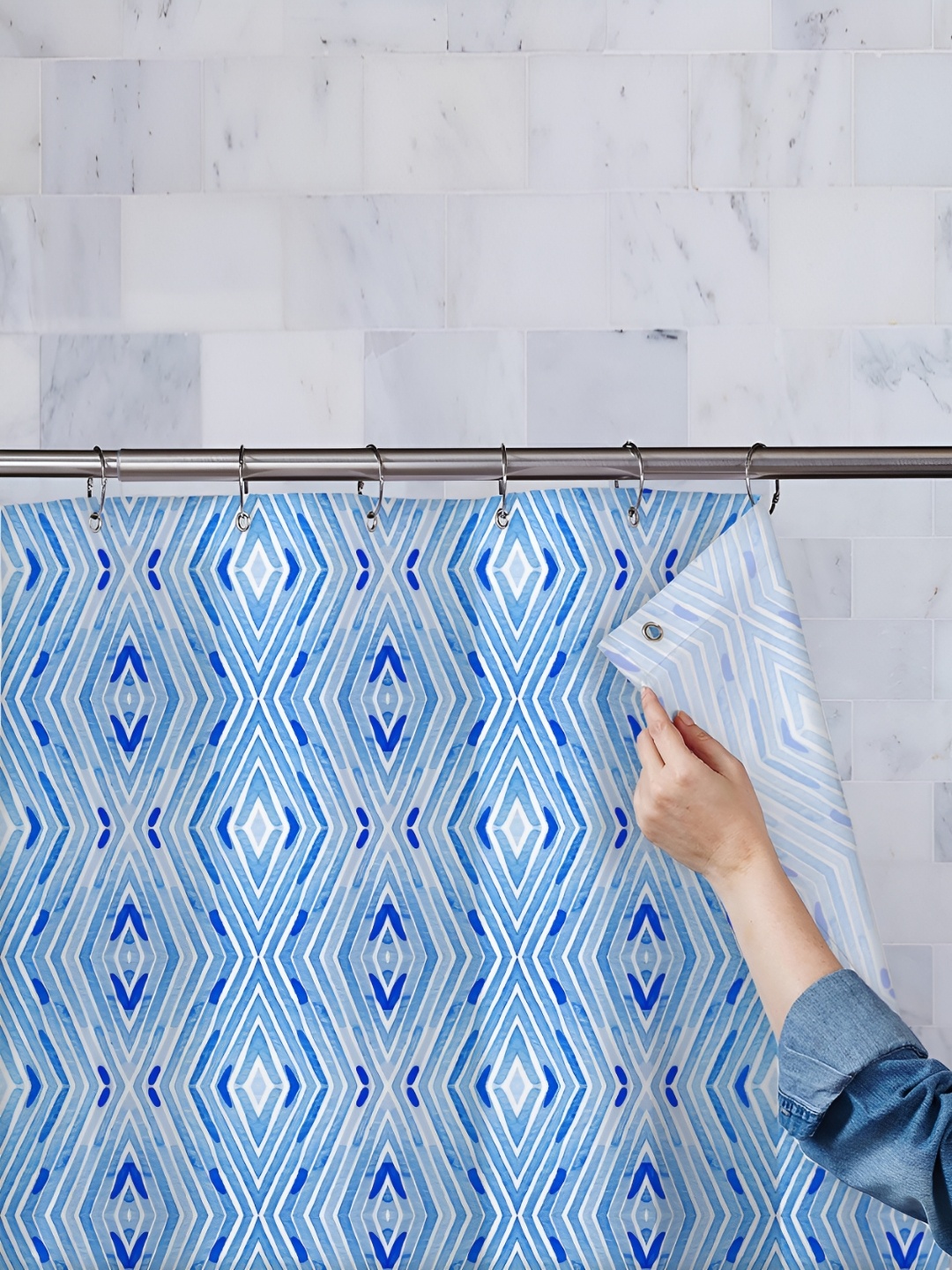 

ArtzFolio Blue & White Geometric Printed Waterproof Shower Curtain