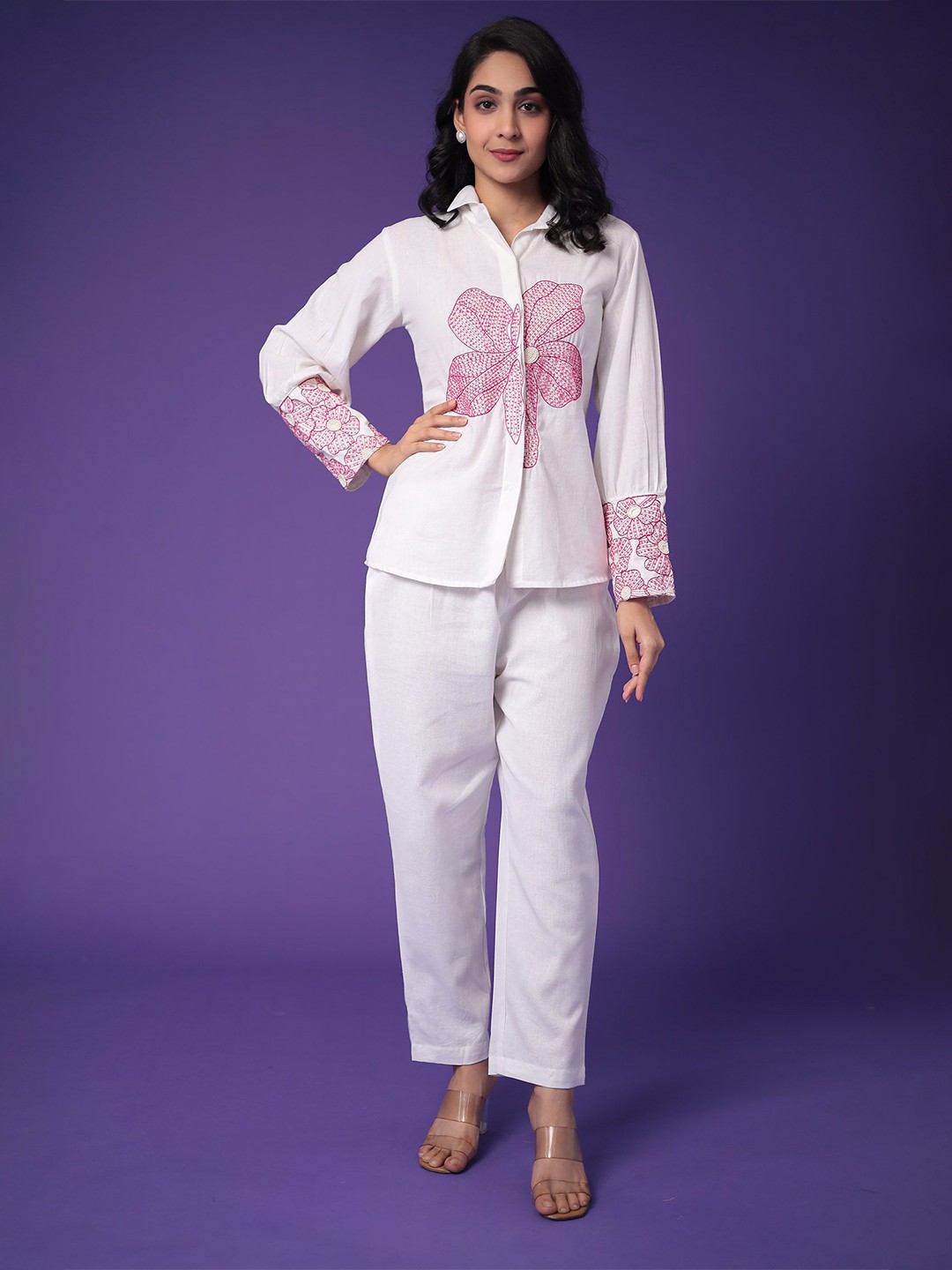 

ZARI Floral Embroidered Shirt With Trouser, White