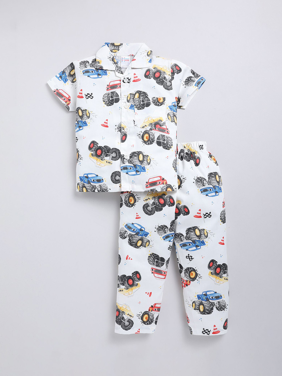

NAUTI KIDZ Boys Abstract Printed Pure Cotton Shirt Collar Night suit, White