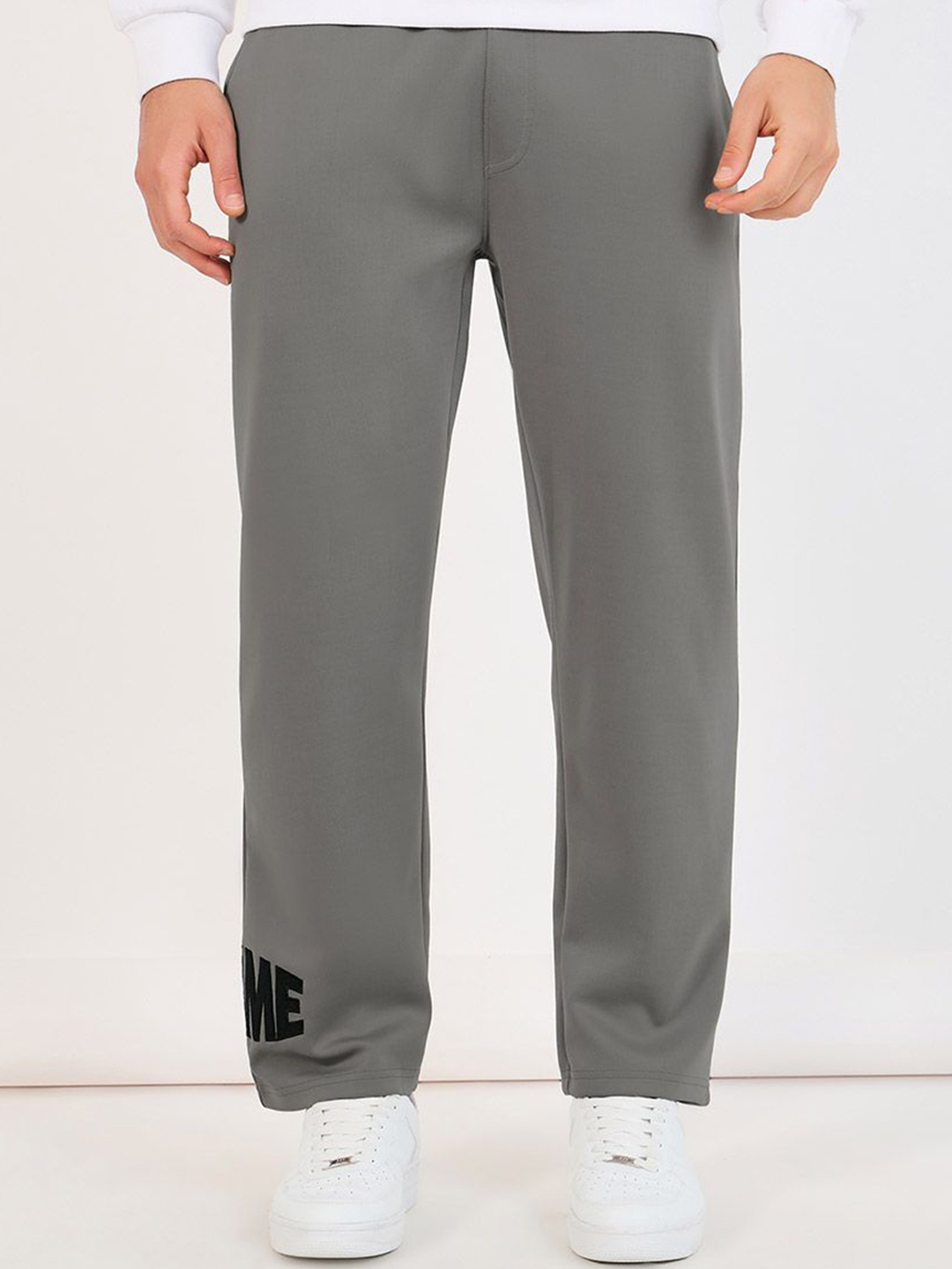 

Styli Typography Embroidered Open Hem Relaxed Fit Track Pants, Grey